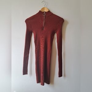 Slim Mock Neck Long Sleeve Ribbed Sweater Dress With Thumbholes Orange